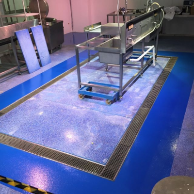 Fishmongers Quartz floor repaired with Chelsea blue antimicrobial resin floor, antibacterial