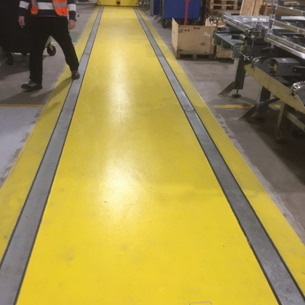 Industrial flooring contractor, Thetford Robot track in Yellow